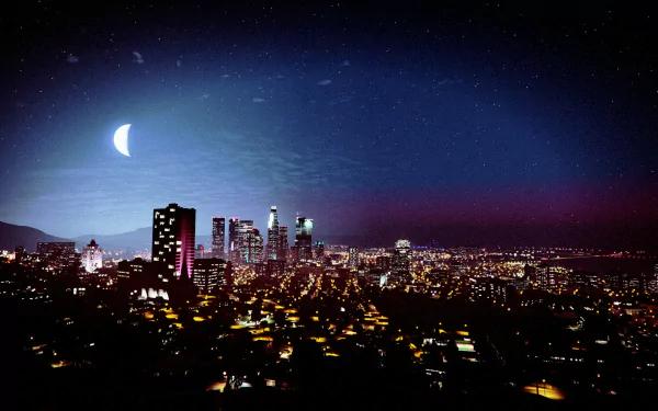 Nighttime skyline of Los Santos from Grand Theft Auto V, featuring illuminated skyscrapers under a crescent moon against a starry sky in an HD PC desktop wallpaper.