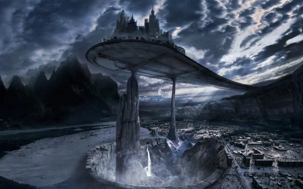 A dramatic fantasy landscape featuring a gray mountain under dark clouds, with an elevated city perched above a river, creating a captivating and mysterious atmosphere.