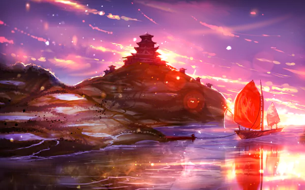 Anime-style HD wallpaper depicting a serene sunset over the sea, with a shrine atop a hill and a ship with red sails on the tranquil water. The sky is bathed in vibrant colors, adding a magical ambiance.
