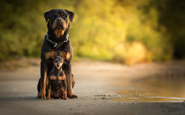 Rottweiler puppy and adult dog sit together, staring at the camera. The depth of field creates a blurred background, making them stand out in this HD desktop wallpaper and background.