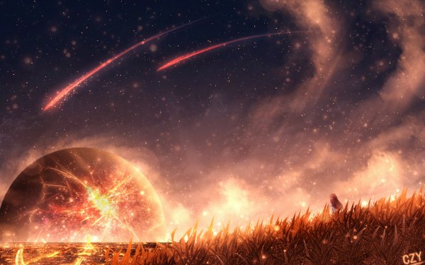 Anime Original Comet Planet Field Sky Grass HD Wallpaper | Background Image