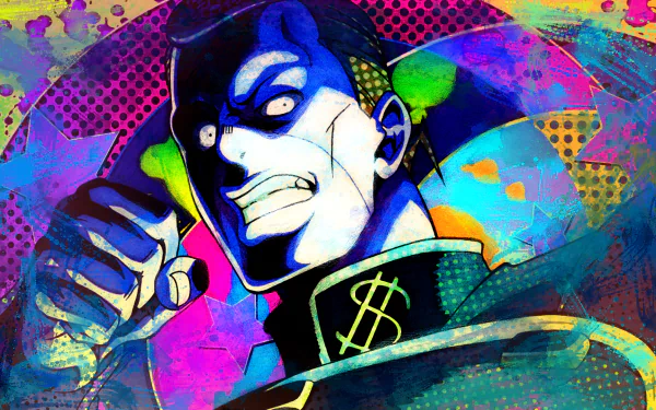 Vibrant HD PC desktop wallpaper of Okuyasu Nijimura from JoJo's Bizarre Adventure, clutching his fist with a fierce grin against a neon, pop‑art splatter backdrop.