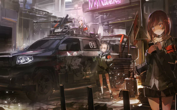 Anime-style HD desktop wallpaper featuring armored vehicle with mounted machine gun and two characters, one with white hair and one with blonde hair, in a futuristic urban setting.
