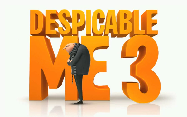 HD desktop wallpaper featuring Gru standing in front of the bold, orange letters of Despicable Me 3, inspired by the movie Despicable Me 3.
