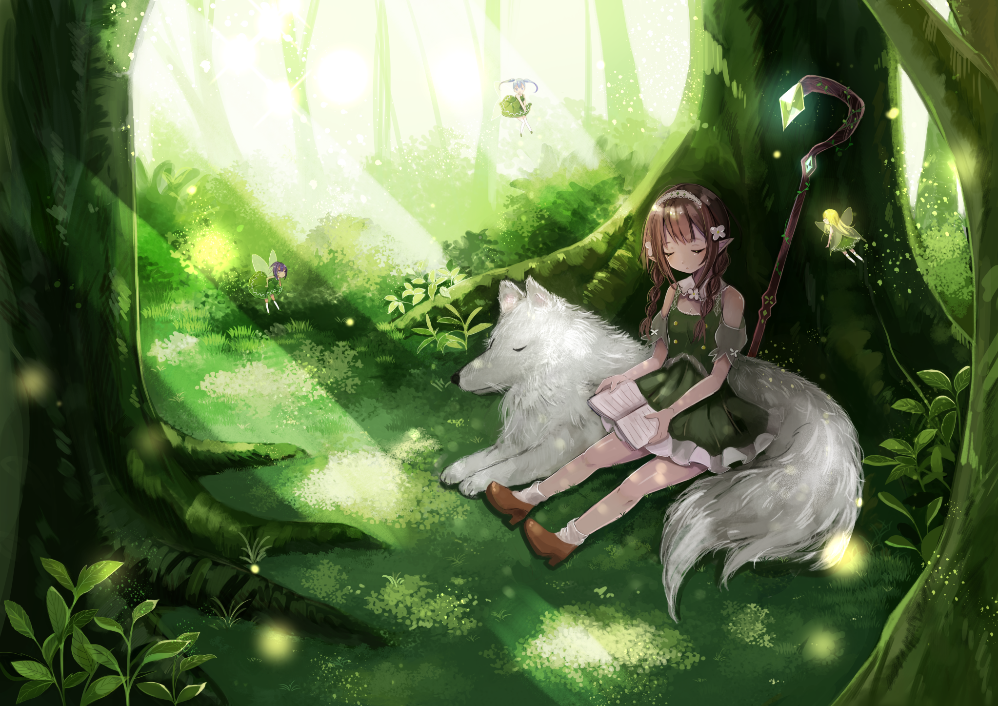 Download Dress Flower Fairy Tree Wolf Anime Original HD Wallpaper by 琥珀むろ