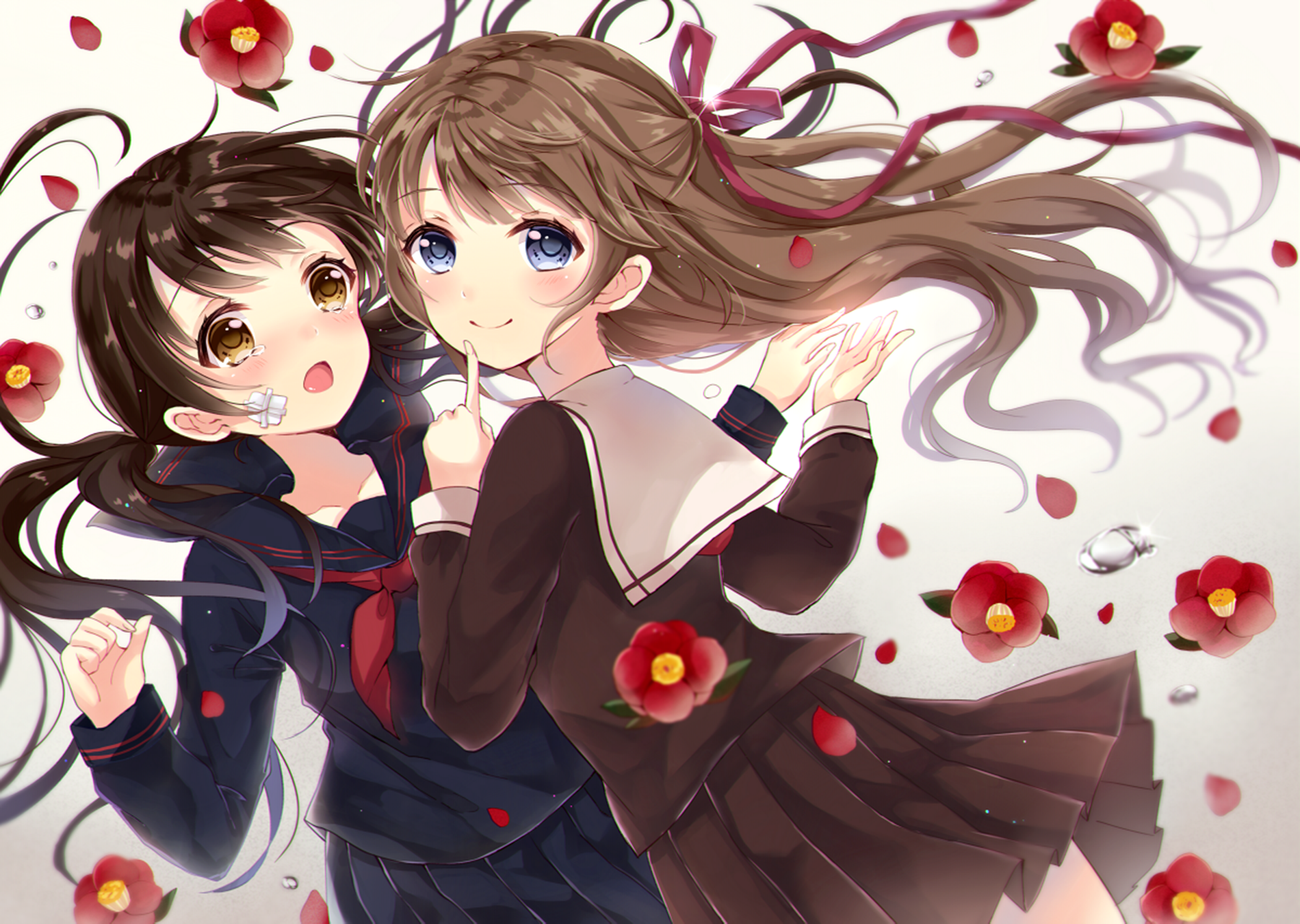 Anime original HD desktop wallpaper: two long-haired schoolgirls with brown hair, one blue-eyed and one brown-eyed, in school uniforms, surrounded by drifting red flowers and petals.