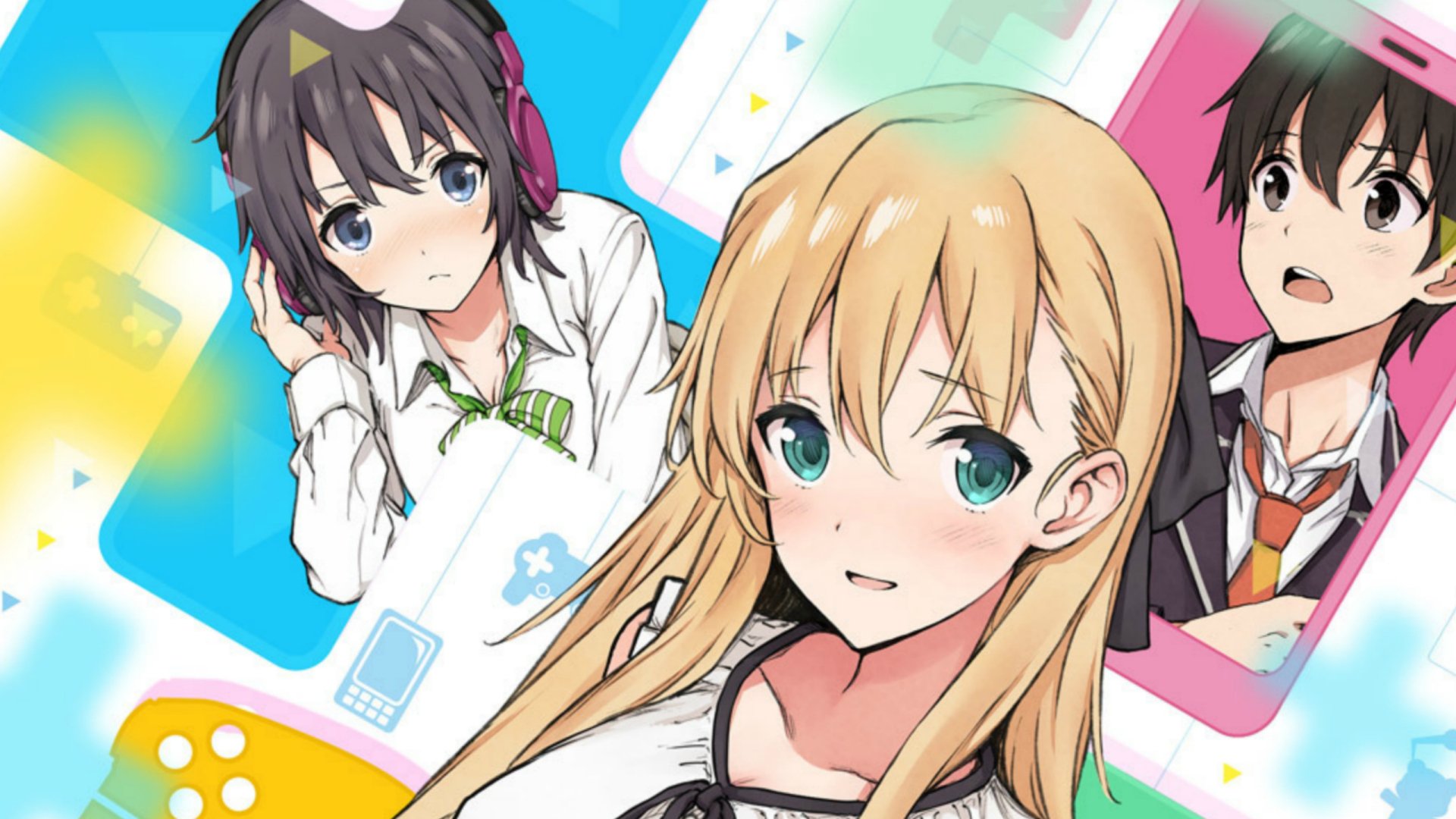 HD desktop wallpaper featuring anime characters Karen Tendou, Chiaki Hoshinomori, and Keita Amano from Gamers!. Bright, colorful background with gaming elements.