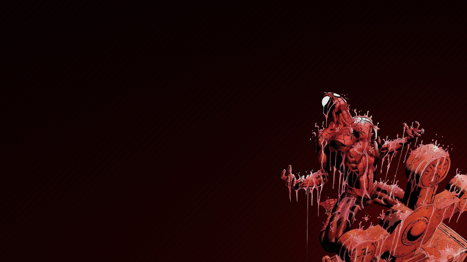 HD comic-style Spider-Man stands in the rain beside a grave, with dark red and black tones creating a dramatic, moody atmosphere for a PC desktop wallpaper.