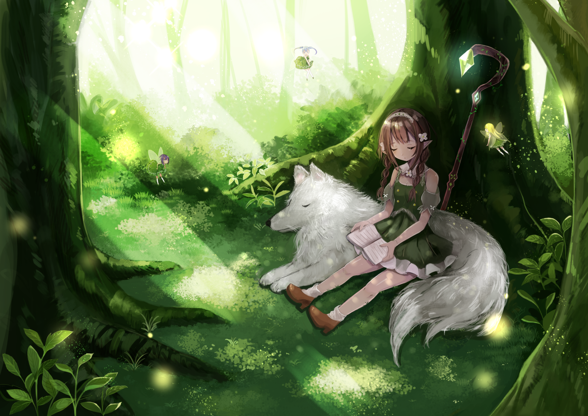 Anime original HD PC desktop wallpaper/background: girl in a dress with a staff rests against a sleeping white wolf beneath a flower-strewn tree while tiny fairies dance in dappled sunlight.