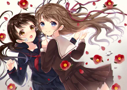 Anime original HD desktop wallpaper: two long-haired schoolgirls with brown hair, one blue-eyed and one brown-eyed, in school uniforms, surrounded by drifting red flowers and petals.