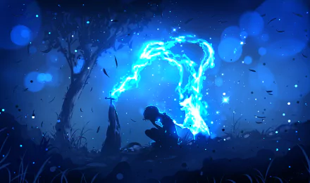 An anime-inspired fantasy scene featuring a grave beneath a tree at night. A glowing, ghostly dog spirit is present, casting a serene blue light. HD desktop wallpaper and background.
