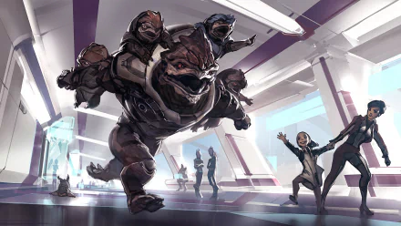 HD PC desktop wallpaper featuring Krogan characters from the video game Mass Effect: Andromeda in a dynamic sci-fi setting.