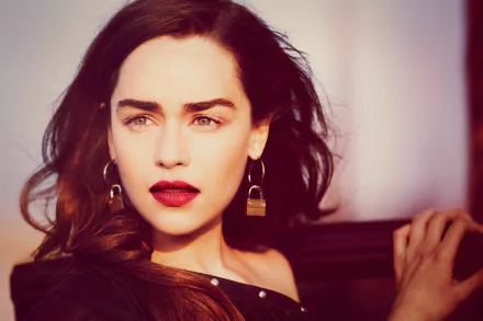 HD desktop wallpaper featuring a brunette British actress with blue eyes and bold red lipstick.