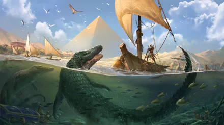 HD desktop wallpaper featuring Bayek of Siwa in a boat, a bird overhead, and a crocodile alongside underwater, set in the world of the video game Assassin's Creed Origins with a pyramid in the background.
