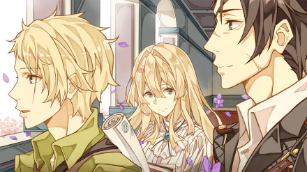 HD desktop wallpaper featuring characters from the anime Violet Evergarden. The scene includes three characters with soft, detailed artwork and a backdrop of falling purple petals.