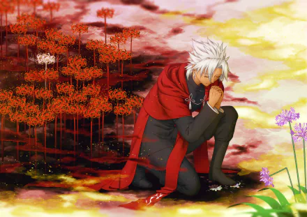 HD PC desktop wallpaper featuring Shirou Kotomine from Fate/Grand Order, kneeling with a red cloak against a dramatic sky and vibrant flowers.