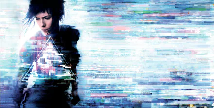 Scarlett Johansson as Major in the 2017 movie Ghost in the Shell, featured in an 8K Ultra HD PC desktop wallpaper with digital glitch effects.
