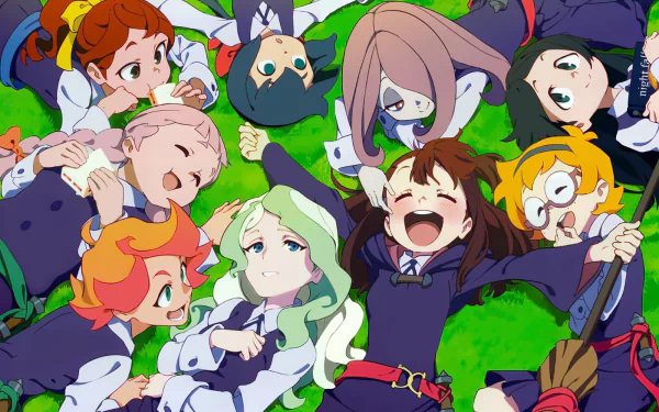 HD desktop wallpaper featuring characters Amanda O'Neill, Sucy Manbavaran, Lotte Yanson, Diana Cavendish, and Akko Kagari from the anime Little Witch Academia, joyfully lying on grass.