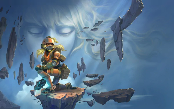 helmet orange eyes blonde woman warrior video game Super Cloudbuilt HD Desktop Wallpaper | Background Image