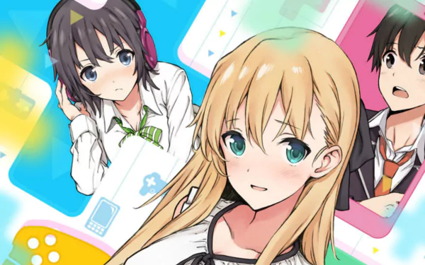 HD desktop wallpaper featuring anime characters Karen Tendou, Chiaki Hoshinomori, and Keita Amano from Gamers!. Bright, colorful background with gaming elements.