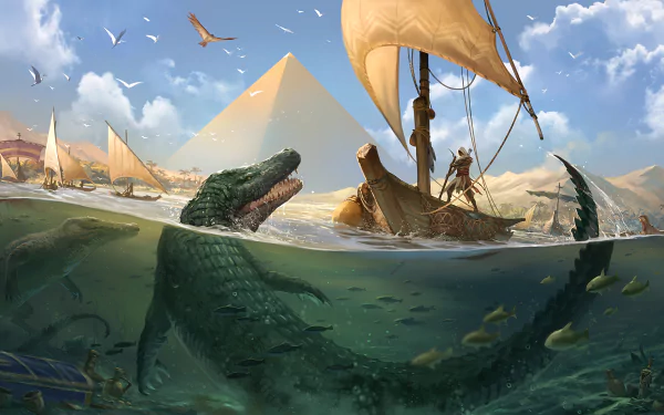HD desktop wallpaper featuring Bayek of Siwa in a boat, a bird overhead, and a crocodile alongside underwater, set in the world of the video game Assassin's Creed Origins with a pyramid in the background.