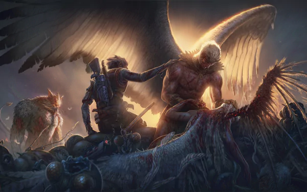 HD desktop wallpaper showing a winged creature wielding a weapon, surrounded by death and decay, with a somber warrior in a battlefield. Inspired by the TV show Rick and Morty.
