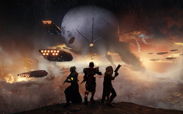 Futuristic warriors stand ready in the rain before a cosmic battle scene with spaceships and a distant planet, inspired by the video game Destiny 2. HD desktop wallpaper and background.