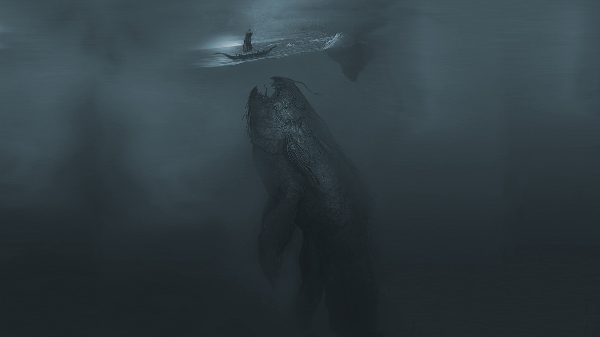 Whale and ship artwork by Layne Johnson: a captivating and ominous scene.