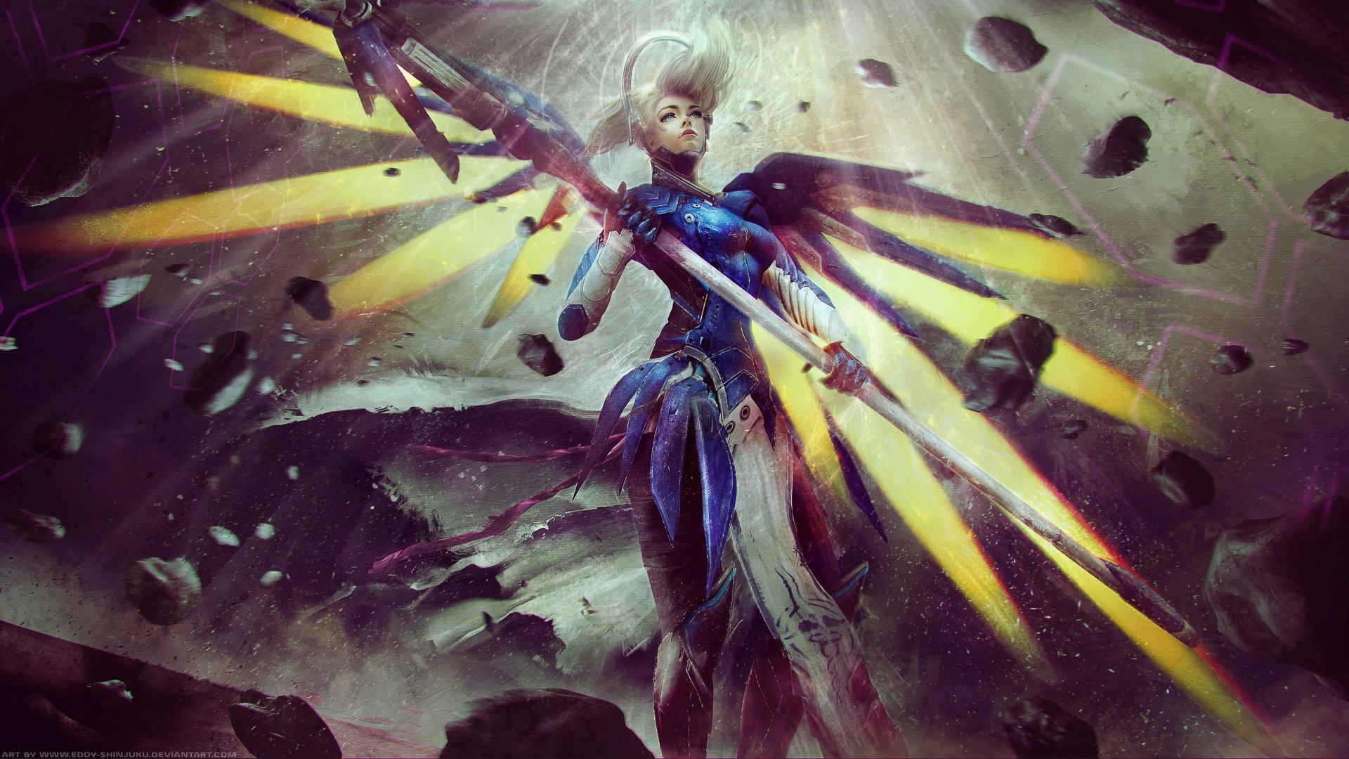 HD desktop wallpaper featuring Mercy from the video game Overwatch, depicted in a dynamic and powerful pose with vibrant, ethereal lighting and dramatic background elements.