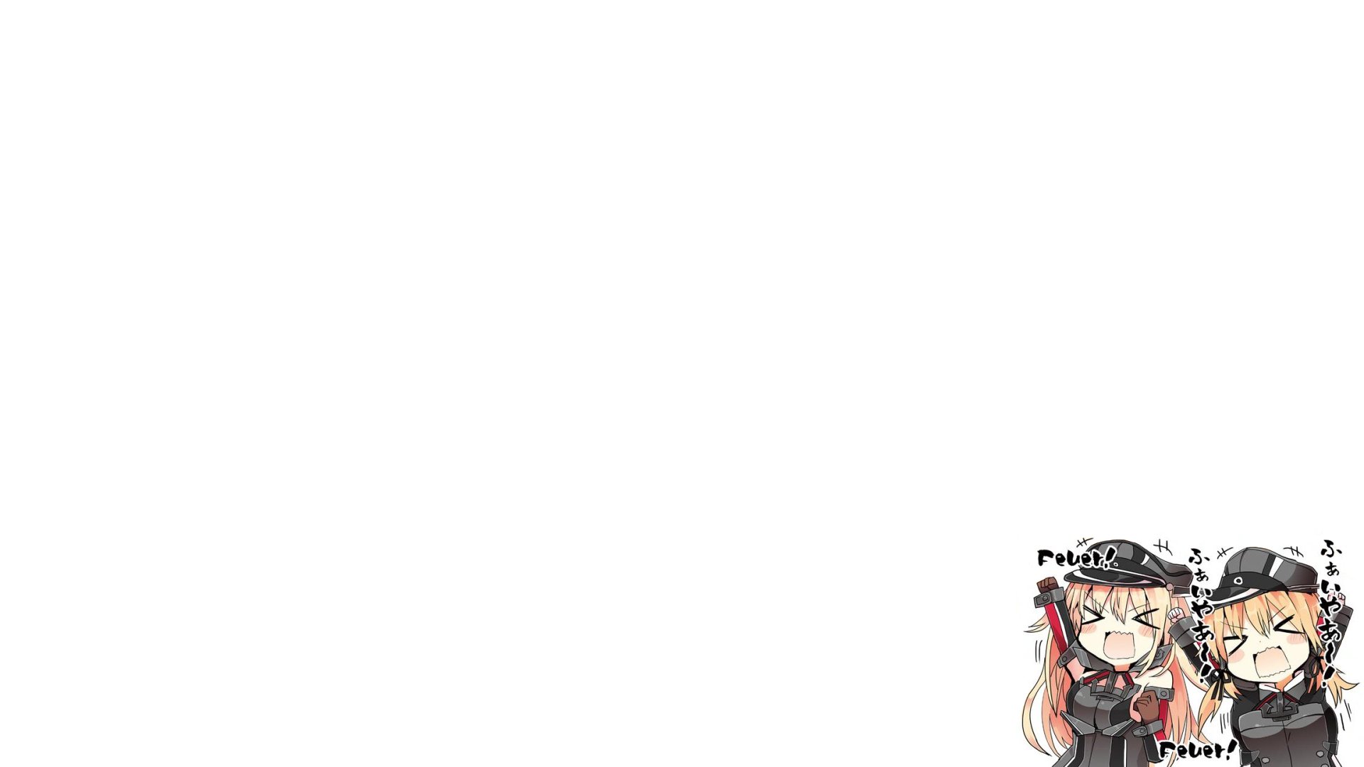 Chibi-style Prinz Eugen (Kantai Collection) in naval uniform positioned bottom-right on a clean white HD PC desktop wallpaper background.
