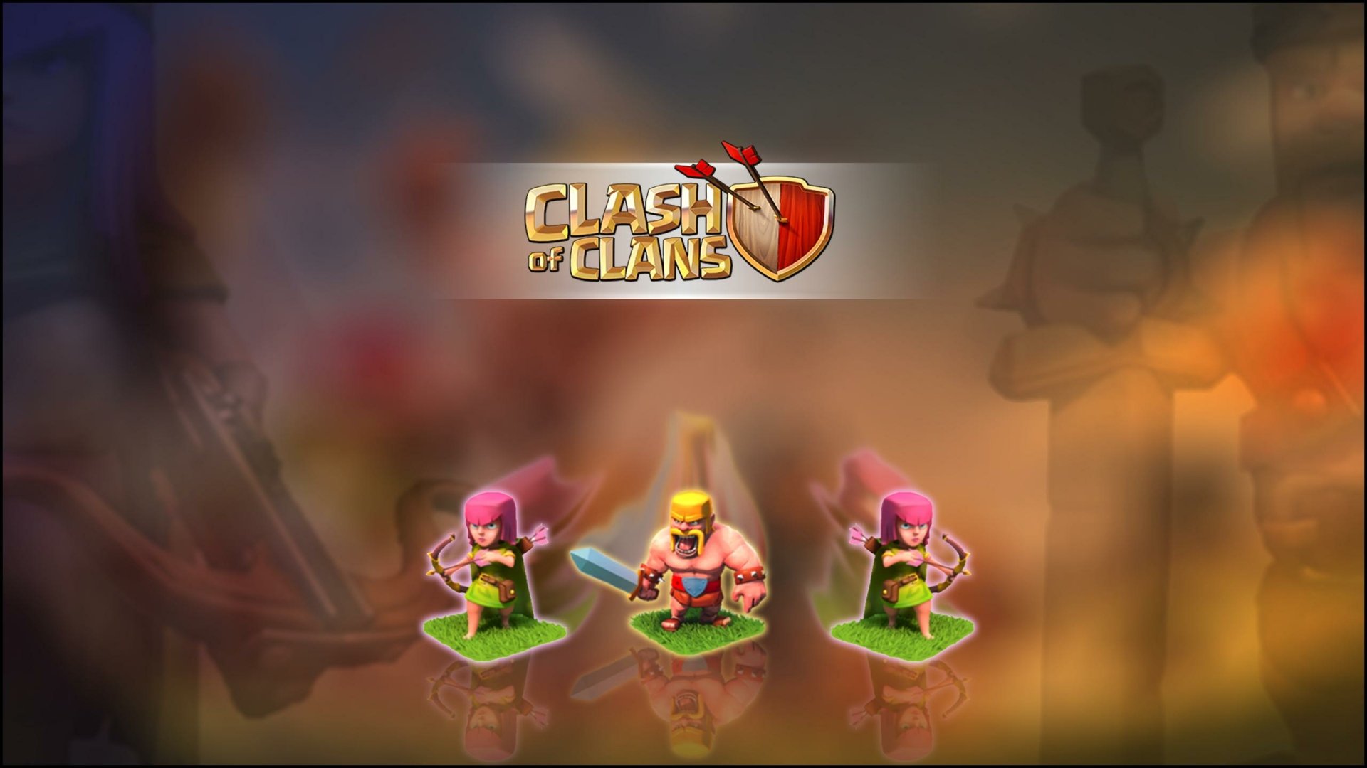 HD desktop wallpaper featuring characters from the game Clash of Clans with a blurred background and game logo centered at the top.