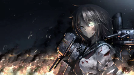 HD PC desktop wallpaper of Furutaka (Kancolle), an anime Kantai Collection ship‑girl: wounded, dark‑haired with a glowing eye and heavy naval armaments amid night flames and smoke.