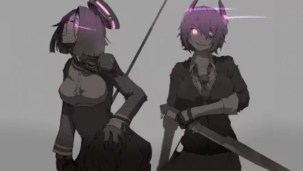 HD PC desktop wallpaper of Kantai Collection anime characters Tatsuta and Tenryuu standing side by side in dark uniforms, glowing eyes and holding blades.
