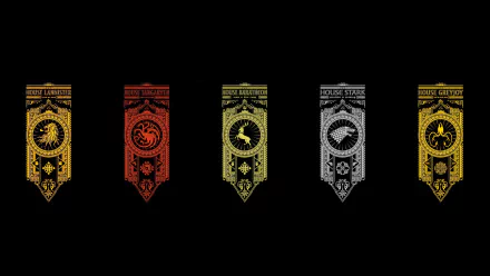 HD desktop wallpaper featuring Game of Thrones house banners: House Greyjoy, House Targaryen, House Baratheon, House Stark, and House Lannister on a black background.