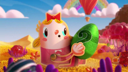 HD desktop wallpaper of a Candy Crush Saga character holding a green candy in a vibrant, whimsical landscape.