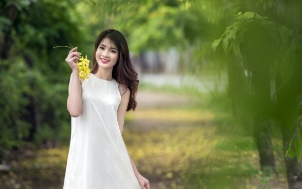 Women Asian Model Brunette Brown Eyes White Dress Smile Depth Of Field HD Wallpaper | Background Image