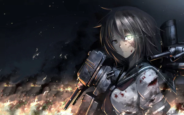 HD PC desktop wallpaper of Furutaka (Kancolle), an anime Kantai Collection ship‑girl: wounded, dark‑haired with a glowing eye and heavy naval armaments amid night flames and smoke.
