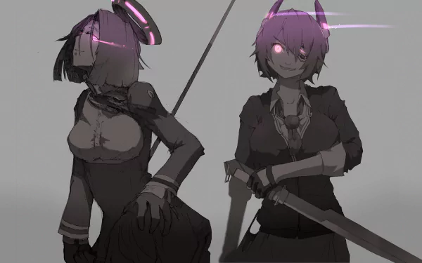 HD PC desktop wallpaper of Kantai Collection anime characters Tatsuta and Tenryuu standing side by side in dark uniforms, glowing eyes and holding blades.