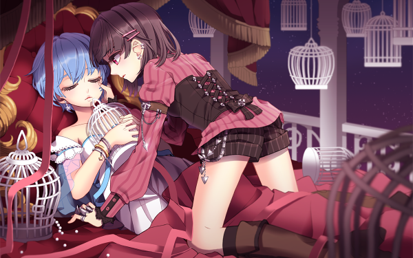 Anime Original Birdcage Dress Bed Red Eyes Brown Hair Blue Eyes HD Wallpaper | Background Image