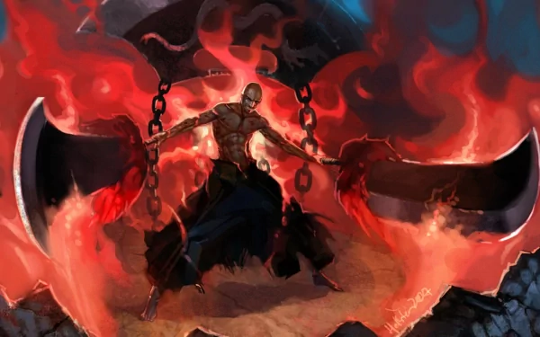 HD wallpaper of Ikkaku Madarame from Bleach, depicted in a striking warrior pose wielding his bankai sword amidst fiery surroundings. The intense fantasy anime artwork captures a dramatic battle scene.