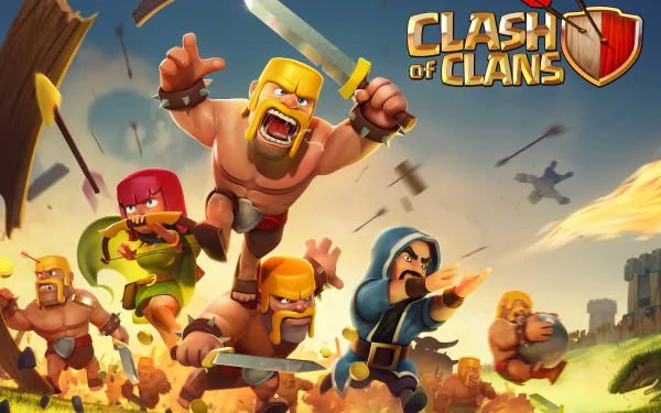 HD desktop wallpaper featuring Clash of Clans characters ready for battle with the game's logo prominently displayed.