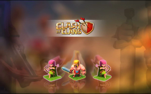 HD desktop wallpaper featuring characters from the game Clash of Clans with a blurred background and game logo centered at the top.