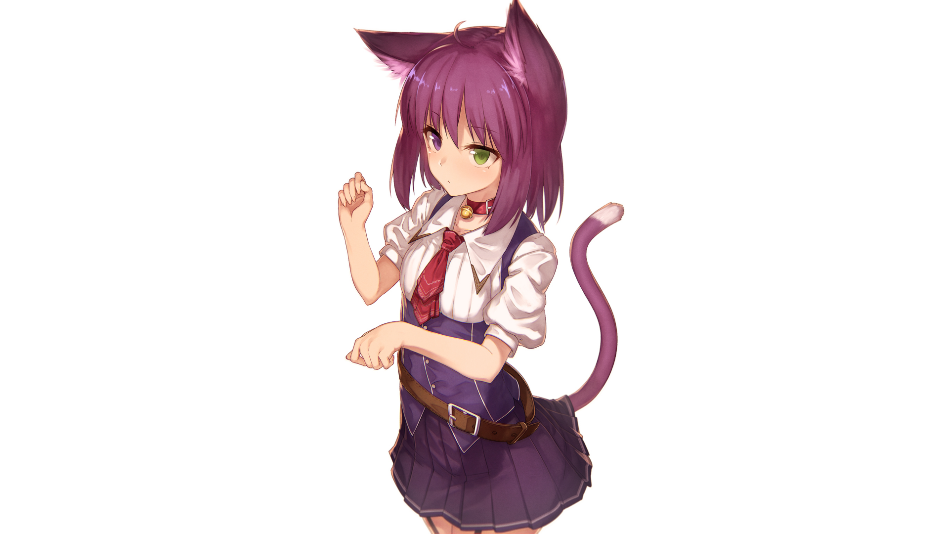 HD desktop wallpaper featuring an original anime character with purple hair, cat ears, and a tail. The character wears a school uniform with a red tie and a belt.