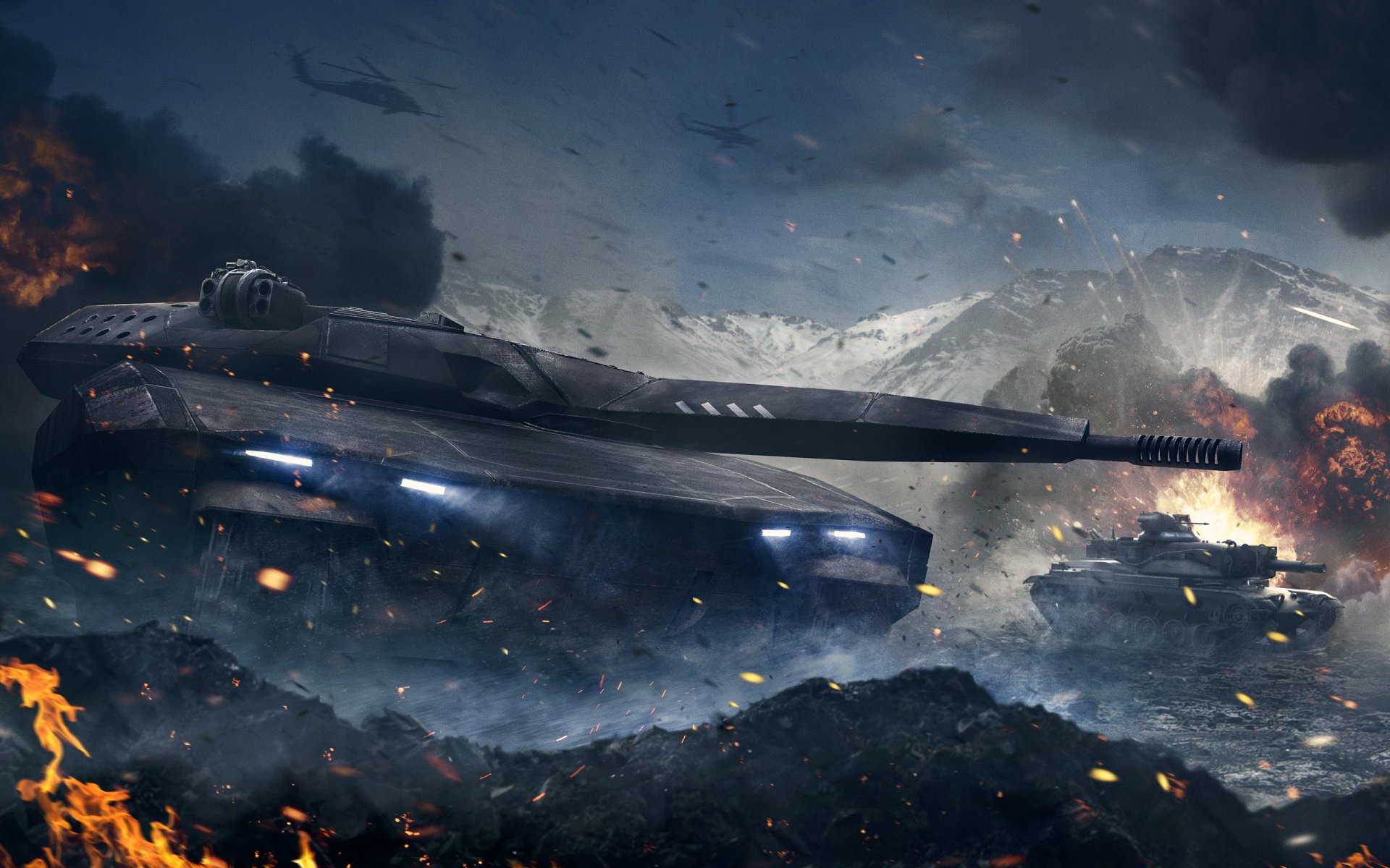 HD PC desktop wallpaper depicting a fierce battle scene from the video game Armored Warfare, featuring tanks amid explosions and dark smoke.