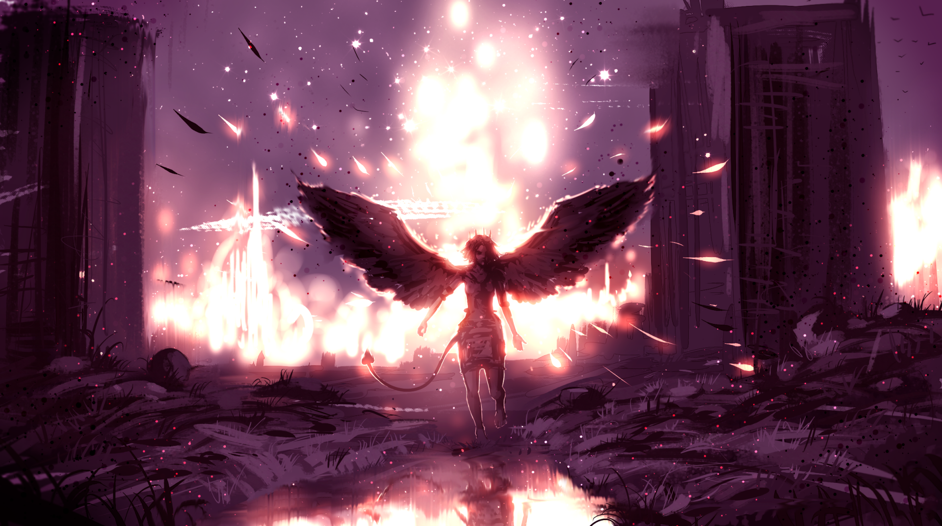 HD PC desktop wallpaper of an original anime angel-bird with glowing wings and tail stepping through ruined columns toward a blazing light, embers drifting around.