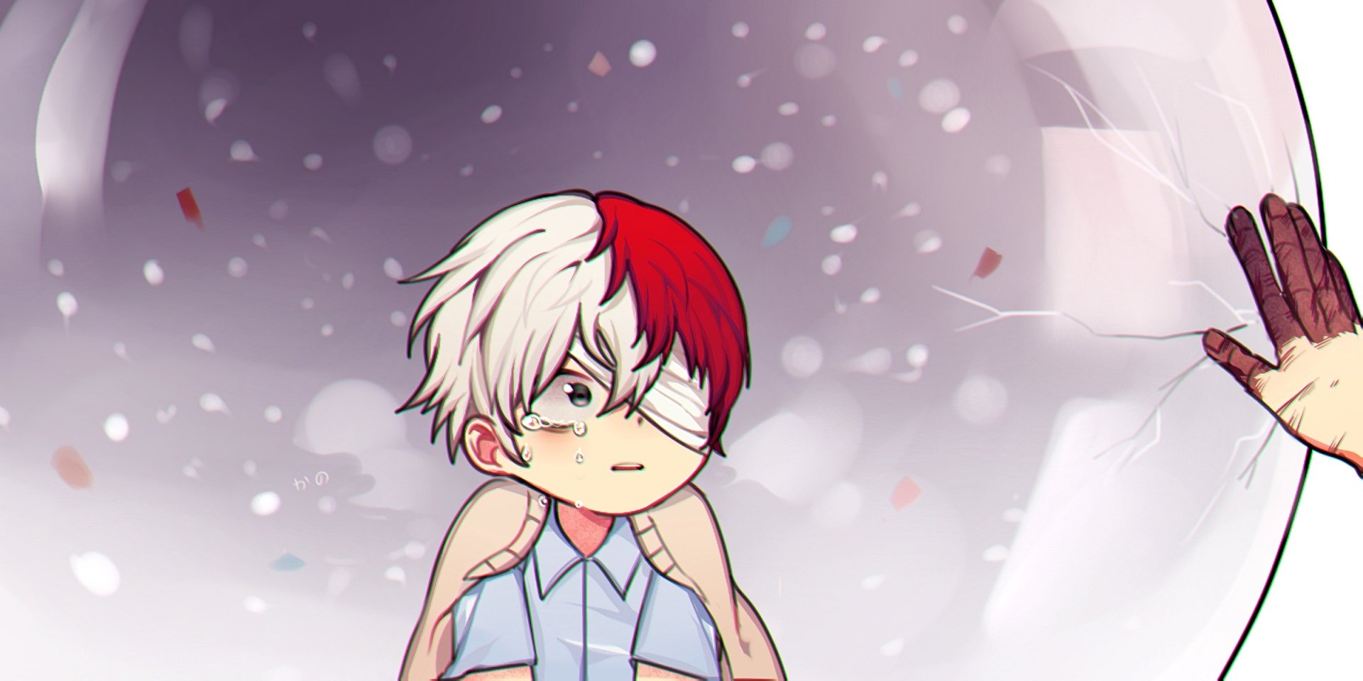 HD PC desktop wallpaper featuring Shoto Todoroki from the anime My Hero Academia with a soft, snowy background and falling petals.