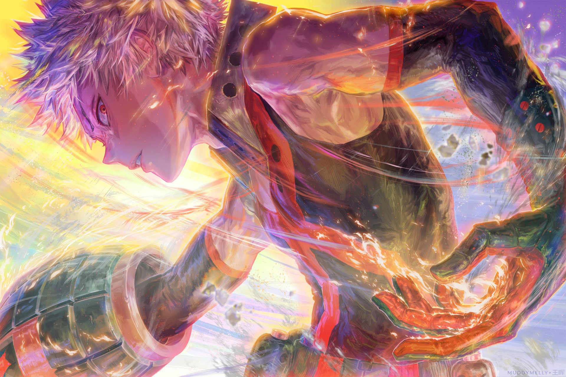 HD desktop wallpaper featuring Katsuki Bakugou from the anime My Hero Academia, showcasing his dynamic and powerful demeanor with vibrant colors.