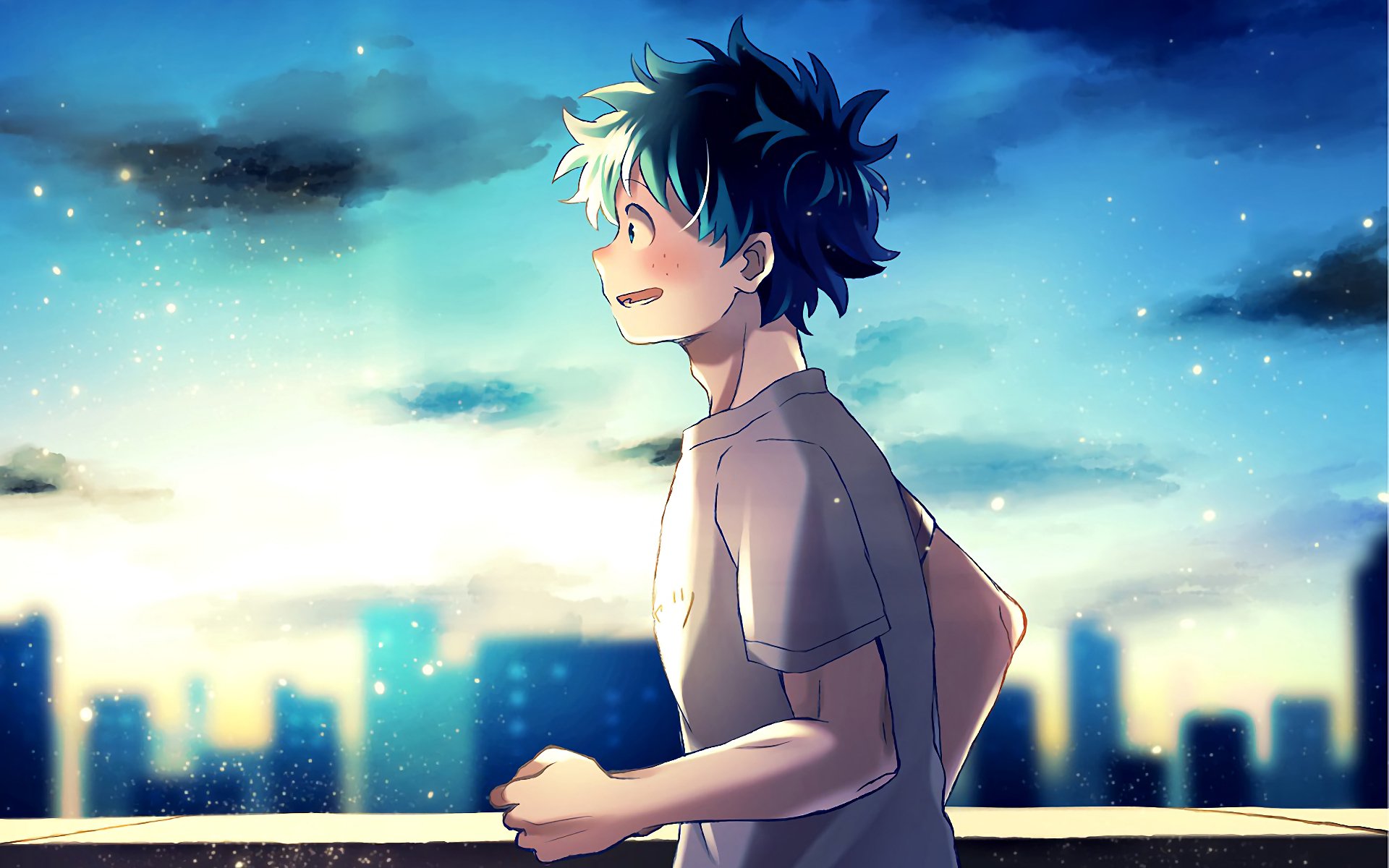 HD PC desktop wallpaper featuring Izuku Midoriya from the anime My Hero Academia, set against a glowing cityscape at dusk with a starry sky.