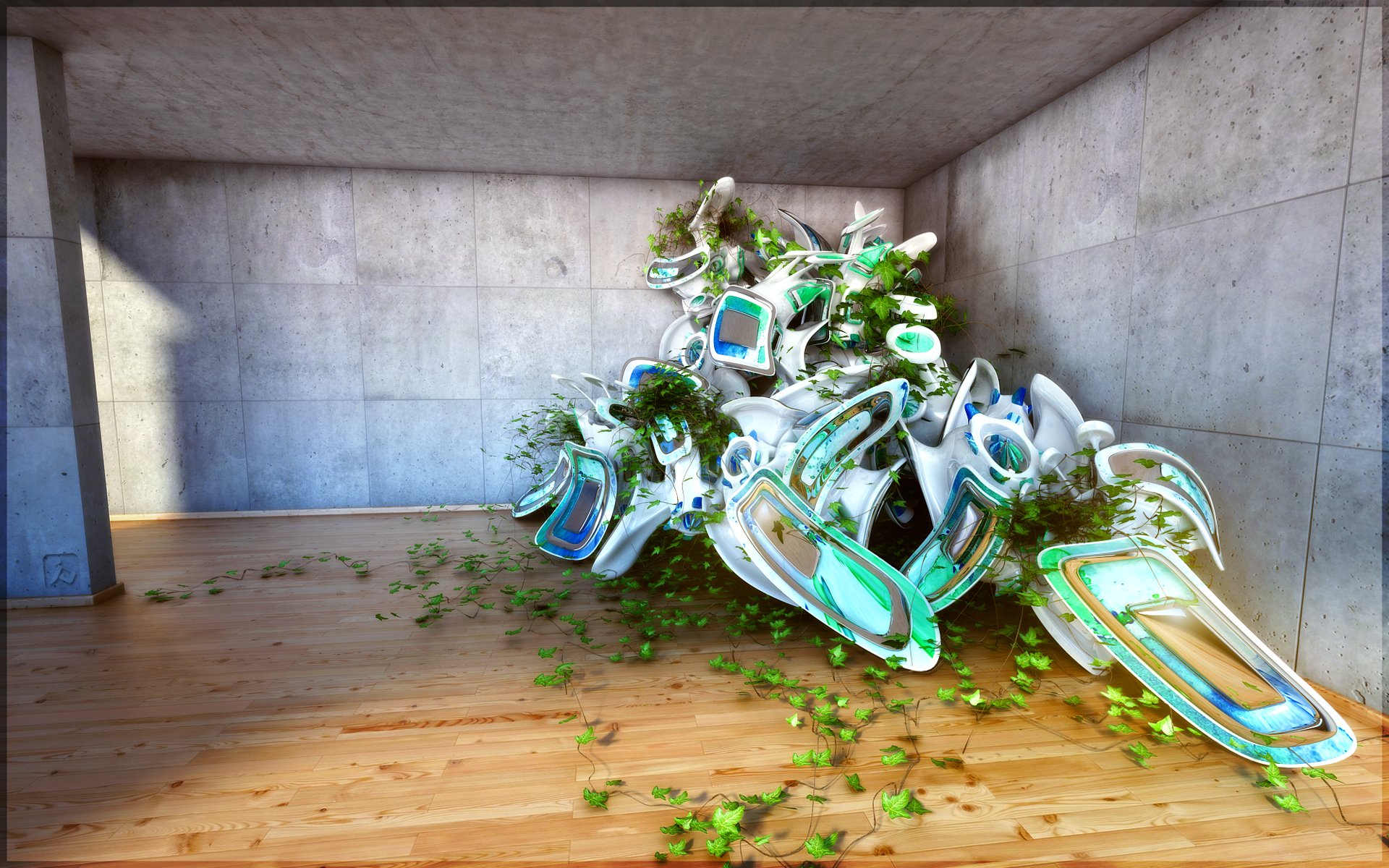 Weird and artistic abstract shapes with green vines spread across a minimalist concrete room and wooden floor, designed as an HD PC desktop wallpaper.