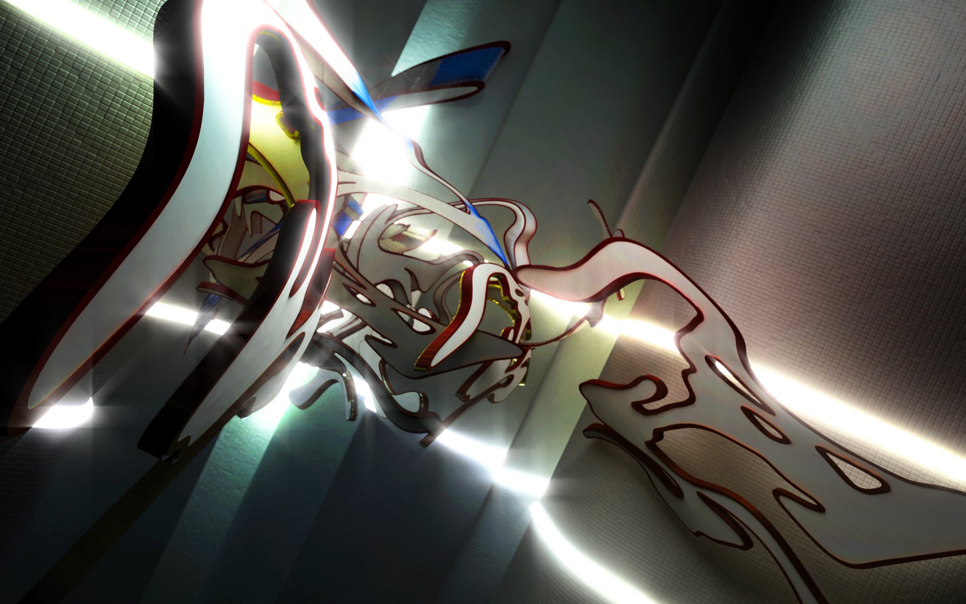 Abstract HD PC desktop wallpaper featuring dynamic light streaks and fluid, artistic shapes creating a surreal and weird visual effect.